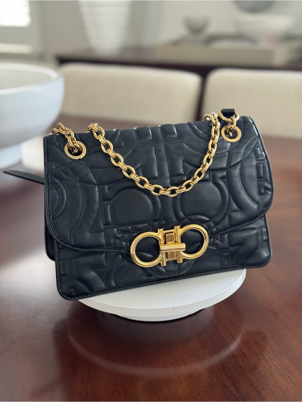 Salvatore Ferragamo 
Calfskin Quilted Gancini Flap Bag Black